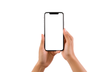 Female hands raising mobile phone on transparent background,generative ai