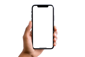 Female hands raising mobile phone on transparent background,generative ai