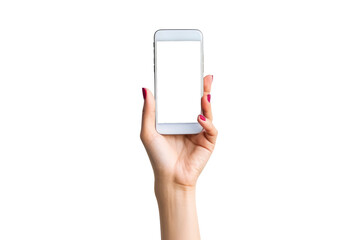 Female hands raising mobile phone on transparent background,generative ai