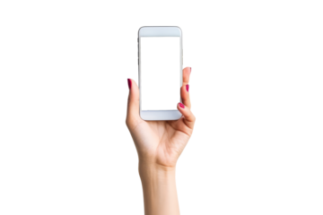 Female hands raising mobile phone on transparent background,generative ai