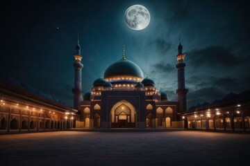 Fototapeta na wymiar Mosque at night. Ramadan Kareem background.