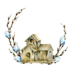 Watercolor hand drawn rustic easter illustration. Wooden bird house with willow branches and blue eggs. Spring Easter arrangement for greeting card, textile, invitation, label design