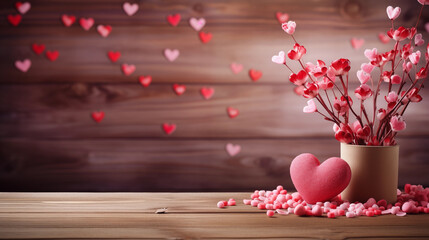 Empty old wooden table background with valentines day theme in background