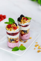 Berry pannacotta with greek yogurt and granola.
