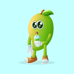 Cute manggo character drinking a green smoothie with a straw