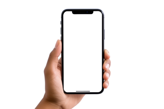 Female hands raising mobile phone on transparent background,generative ai