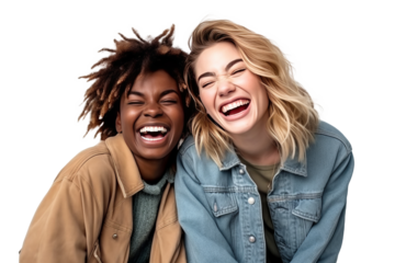 Two interracial best friends laughing and having a good time together on transparent background, generative ai.