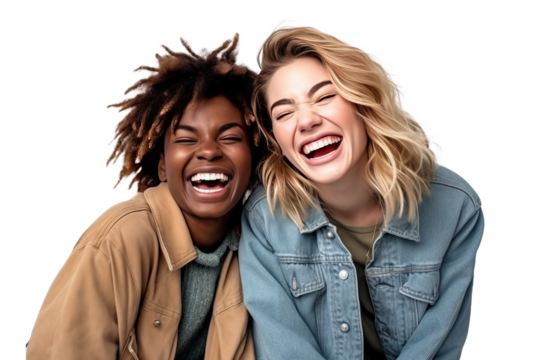 Two interracial best friends laughing and having a good time together on transparent background, generative ai.