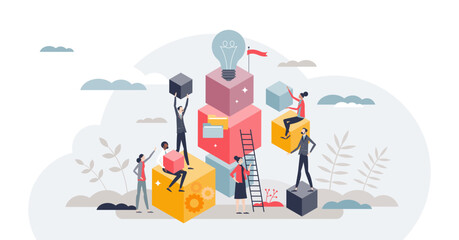 Career building blocks as professional development tiny person concept, transparent background.Business success with colleague unity and cooperation illustration.