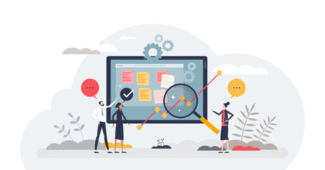 Tools and techniques for effective change management tiny person concept, transparent background. Business transformation and optimization for company growth and development illustration.