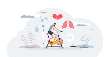 Exercise physiology as body responses to patient training tiny person concept, transparent background. Health level diagnostics with respiratory system and cardiology functions illustration.