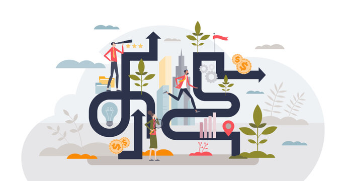 Career exploration for new professional opportunities tiny person concept, transparent background. Successful businessman strategy and planning process with future obstacles.