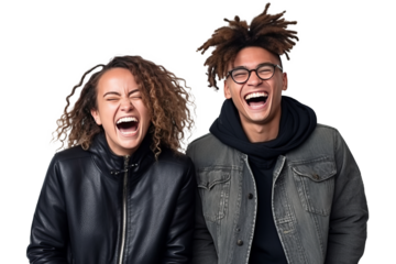 Two interracial best friends laughing and having a good time together on transparent background, generative ai.