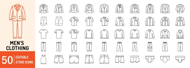 Foto op Canvas Men’s Clothing editable stroke outline icons set. Overcoat, blazer, shirts, sweater, t-shirts, pant, trousers, hoodie and vest. Vector illustration © VSK Graphics