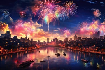 Fireworks over the city in rainbow color