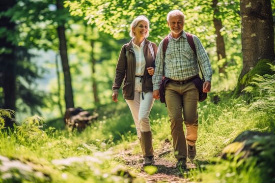 Senior couple has joying the green beautiful nature woods forest around her - concept healthy natural lifestyle - happiness emotion.