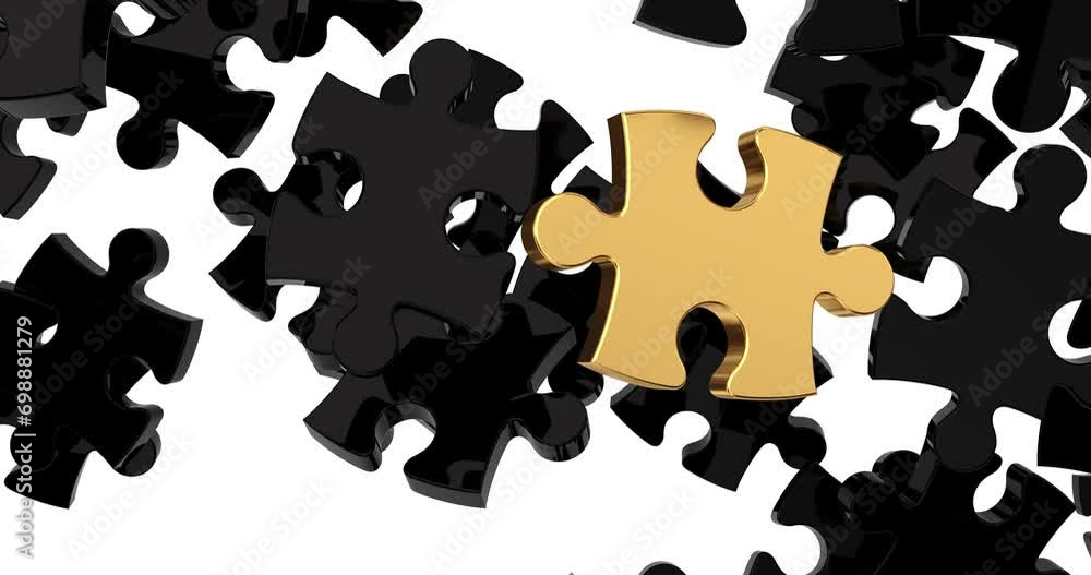 Poster 4k resolution video: animation of puzzle elements create whole jigsaw with one golden puzzle on a wh
