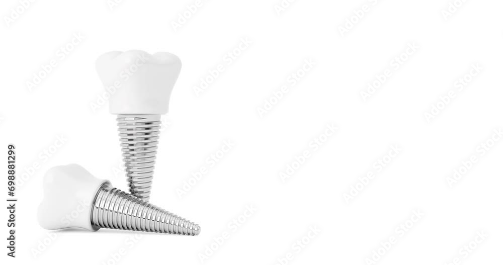 Poster 4k resolution video:dental concept. tooth implants seamless looped rotating on a white background wi