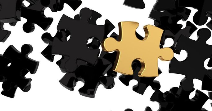 4k Resolution Video: Animation of Puzzle Elements Create Whole Jigsaw with One Golden Puzzle on a white background with Alpha Matte
