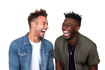 Two interracial best friends laughing and having a good time together on transparent background,...