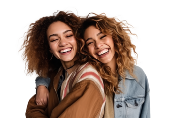 Two interracial best friends laughing and having a good time together on transparent background, generative ai.