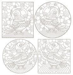 Set of outline illustrations in the style of stained glass with abstract parakeets , dark outlines on white background