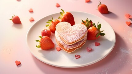 Heart-Shaped Pancakes with Fresh Strawberries and Sweet Powdered Sugar On Pink - obrazy, fototapety, plakaty