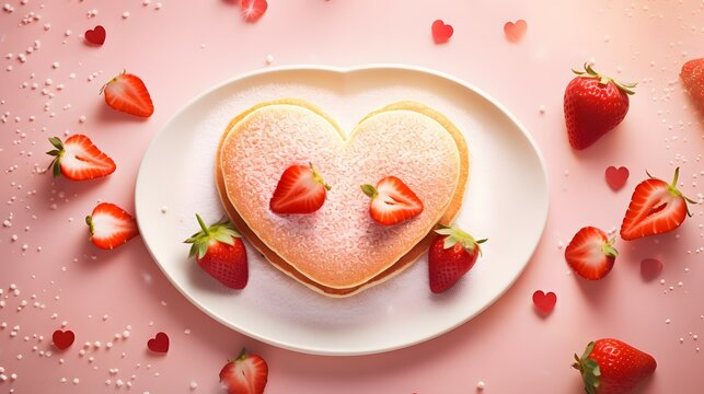 Heart-Shaped Pancakes with Fresh Strawberries and Sweet Powdered Sugar On Pink