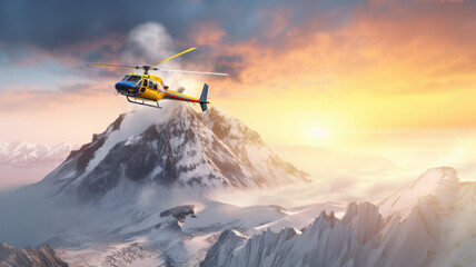A rescue helicopter flying above an active volcano at the South Pole, in the volcano a lemon can be seen,generative AI