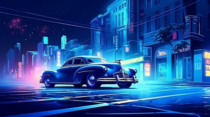 neon light and classic car on the road