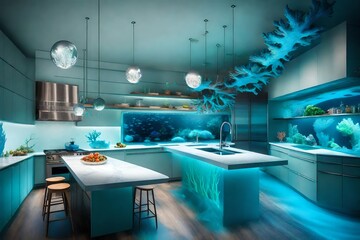 luxurious kitchen cabinet design  decorated table and cair with multicolor glowing lights  with multicolor in pink brown reed and blue color abstract kitchen design background 