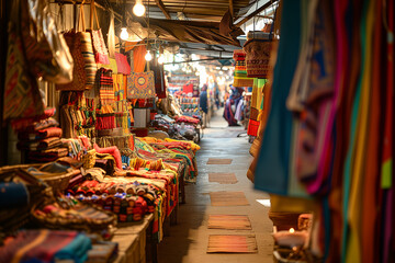 Naklejka premium Bazaar market with clothing, carpets, textiles, fruits, vegetables and spices