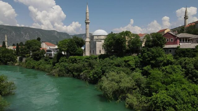Important mosques of the city of Mostar in Bosnia, aerial drone view ottoman architecture of Mostar is a beautiful city in Europe