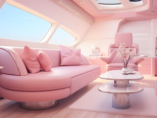 Interior of a private luxury plane with a pink leather sofa and a sky view from the window