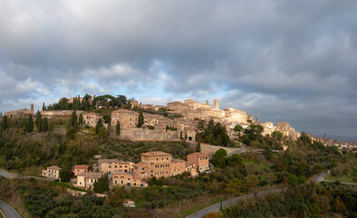 Fototapeta na wymiar drone view of the Tuscan hilltop village and wine capital of Montepulciano
