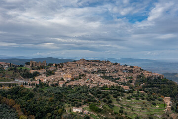 Fototapeta na wymiar drone view of the Tuscan hilltop village and wine capital of Montepulciano