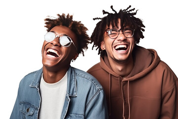 Two interracial best friends laughing and having a good time together on transparent background, generative ai.