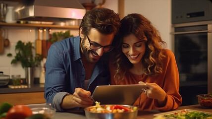 Young, happy and romantic couple cooking healthy food together following recipes online on a tablet.generative ai