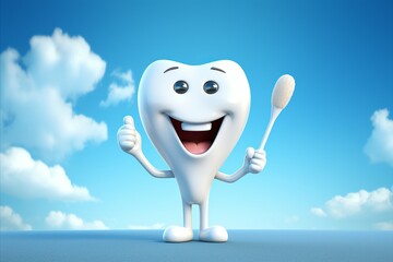 Cheerful Cartoon White Tooth with Smiling Face Holding Toothbrush on Blue Gradient Background