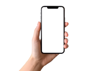 Female hands raising mobile phone on transparent background,generative ai