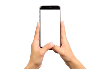 Female hands raising mobile phone on transparent background,generative ai