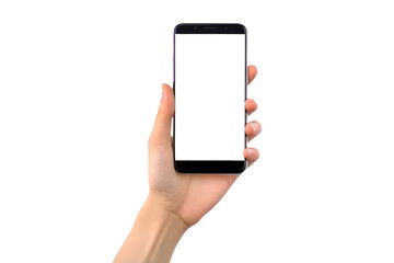 Female hands raising mobile phone on transparent background,generative ai