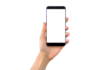 Female hands raising mobile phone on transparent background,generative ai