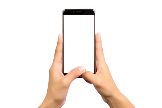 Female hands raising mobile phone on transparent background,generative ai