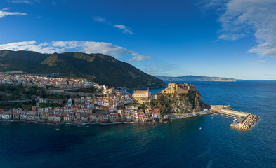 panorama drone landscape view of the seaside town of Scilla in Calabria