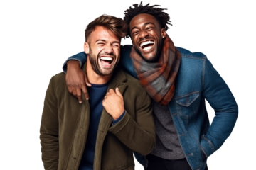 Two interracial best friends laughing and having a good time together on transparent background, generative ai.