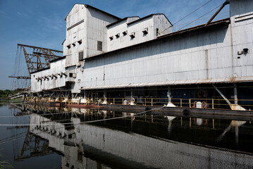 The last abandoned tin mining dredger during British colonial now display in Tanjung Tualang, Batu Gajah, Perak, Malaysia