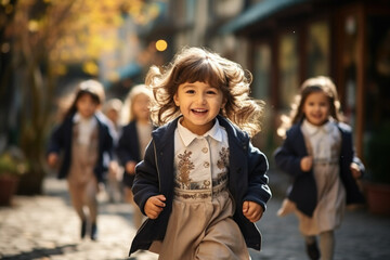 Fototapeta premium A charming little girl is playing with her friends running outside in the kindergarten