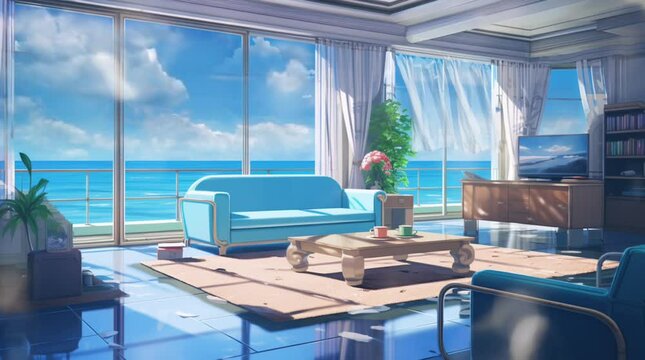 hotel interior view with sea panoramic windows view looping video animation anime background illustration