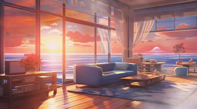 hotel interior view with sea panoramic windows view looping video animation anime background illustration